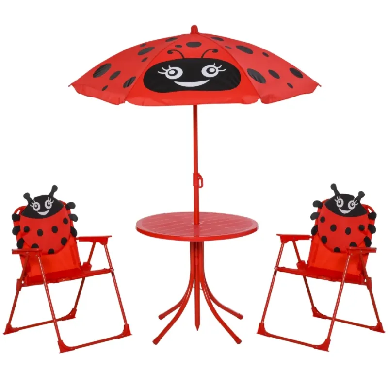 Kids 4 Piece Folding Garden Picnic Table and Chair Set with Parasol - Red Ladybird