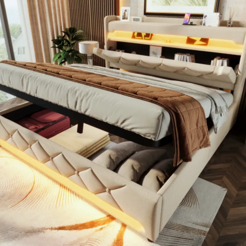 Linen Upholstered King Size Ottoman Storage Bed with LED and USB Charging, Beige