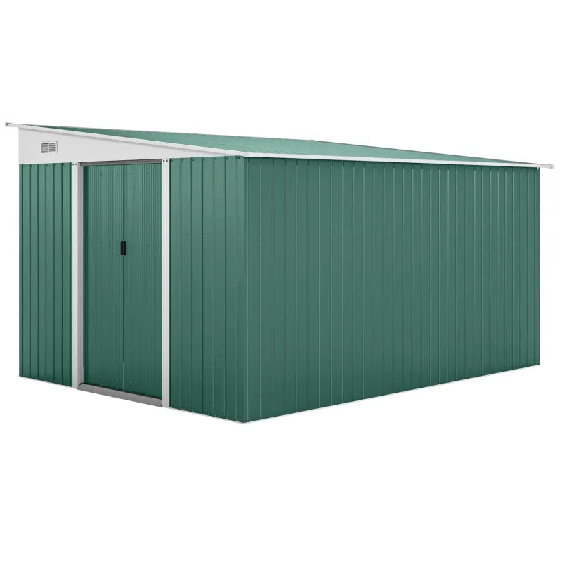  11.3 x 9.2ft Large Galvanised Steel Garden Shed with Double Sliding Doors - Green