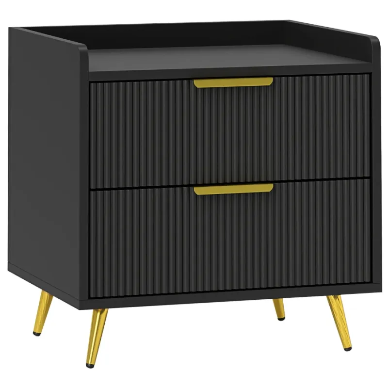 Black Bedside Table with 2 Textured Drawers and Gold Handles