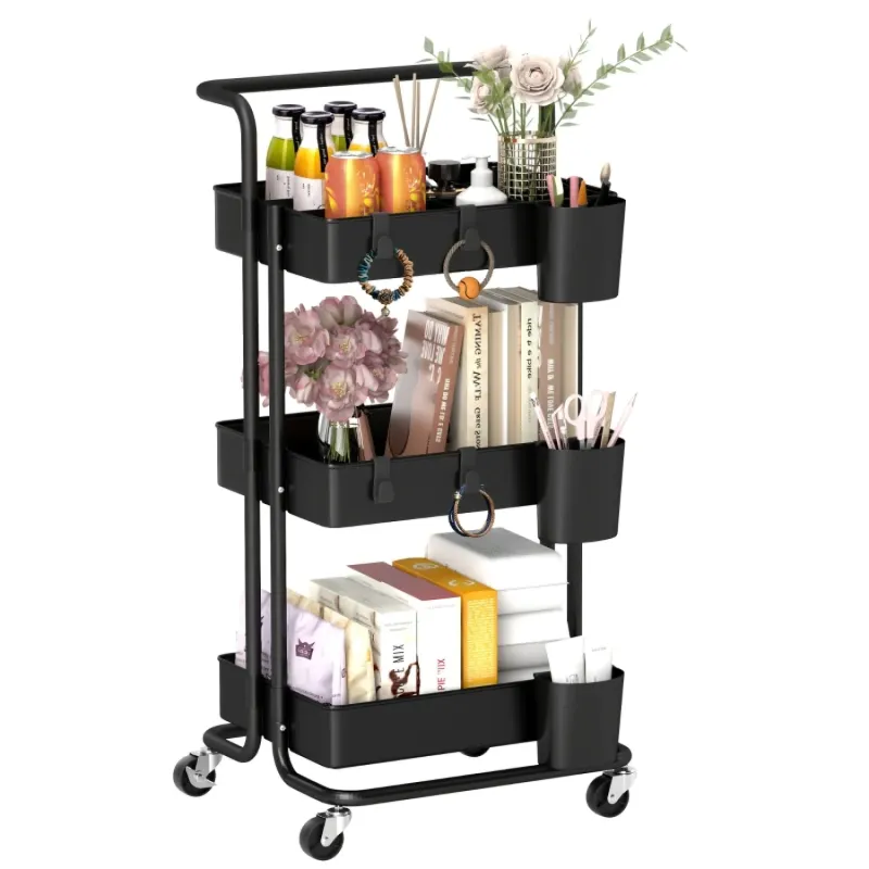 Three-Tier Storage Trolley with Handle and Accessory Boxes - Black