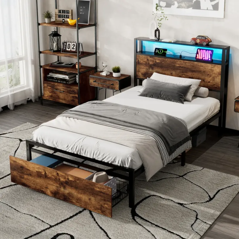 Metal Single Bed Frame with LED Headboard, Underbed Storage and USB Charging - Black & Walnut