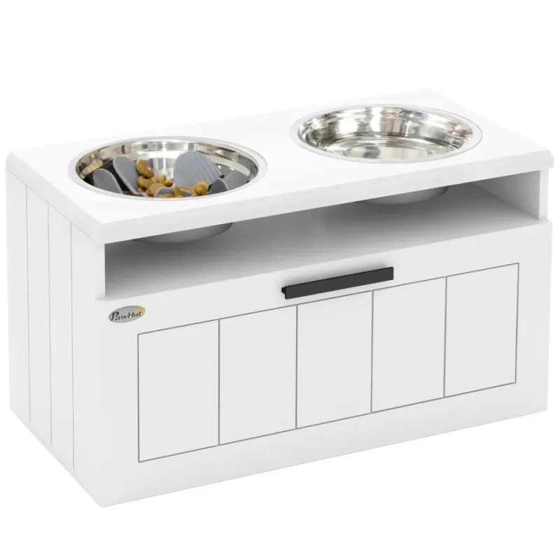 Raised Dog Feeding Station with Slow Feeder and Storage Drawer, White