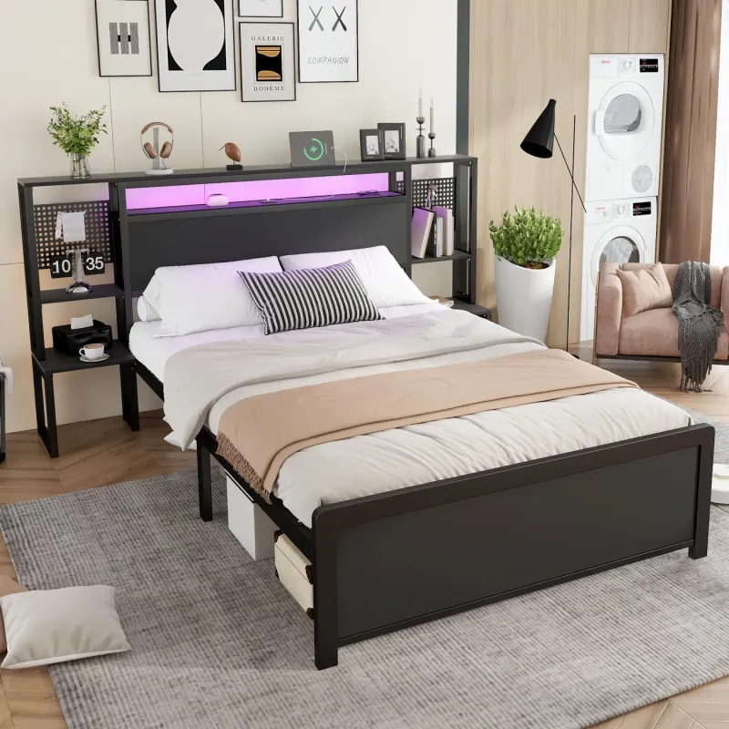 4ft6 Double Metal Bed Frame with Integrated Bedside Tables, LED Lighting and USB Charging Ports - Black