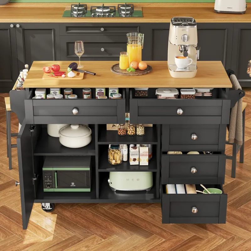 Black Kitchen Island Trolley with 5 Drawers and Cupboard Storage - 134cm