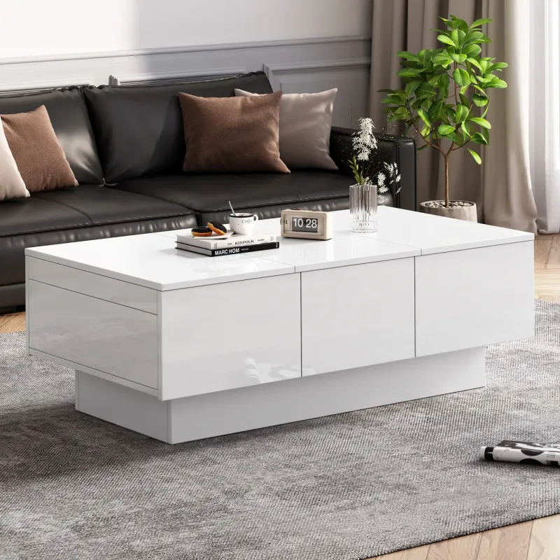 Modern White High Gloss Coffee Table with 2 Drawers and Open Storage