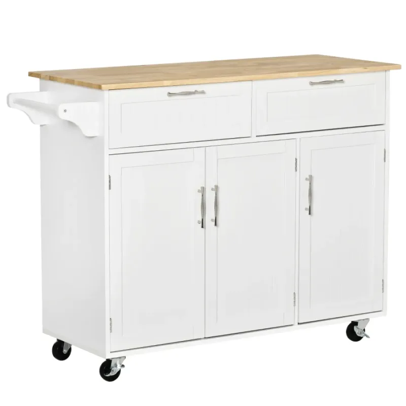 Mobile Kitchen Island with Solid Wood Worktop and Storage Cupboards - White