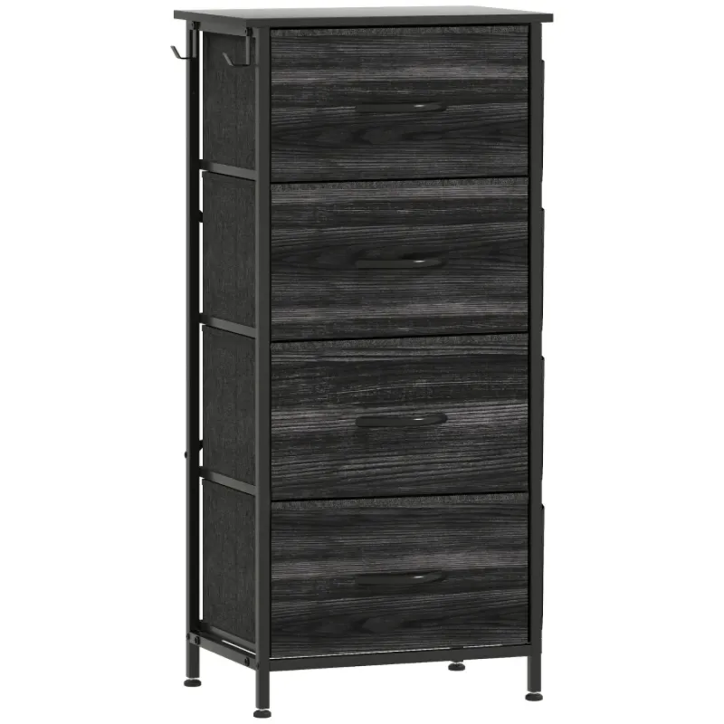 4-Drawer Fabric Storage Chest with Side Pockets and Hooks - Black