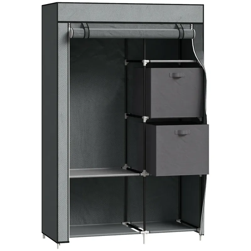Fabric Wardrobe with 5 Compartments & 2 Drawers, Dark Grey