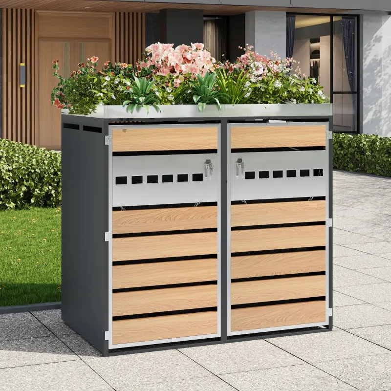 Garden Bin Store with Integrated Planter - Double Door Wood Grain & Grey