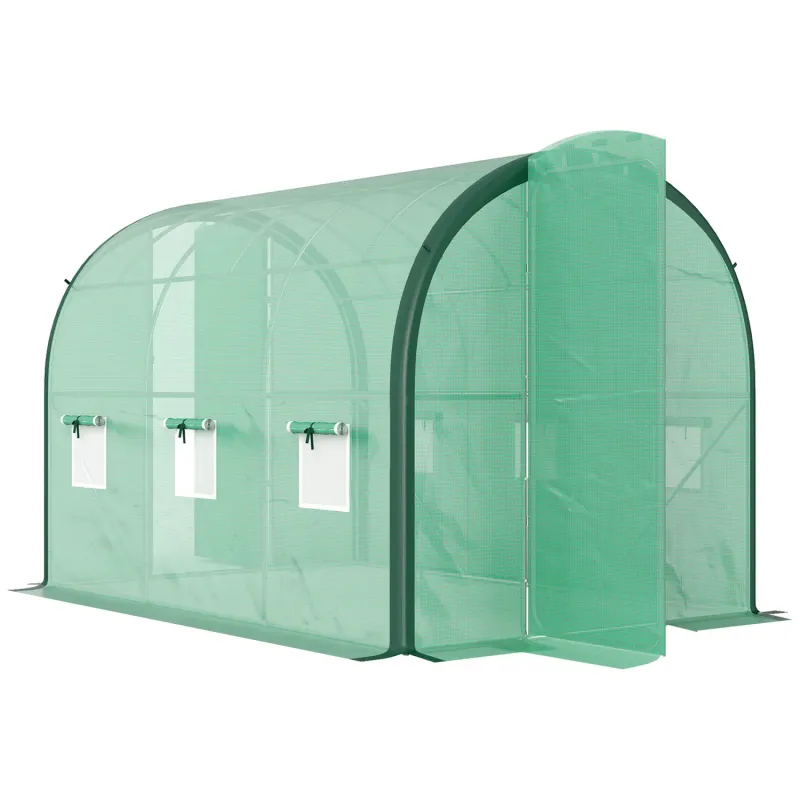 3m x 2m Polytunnel Greenhouse with Dual Hinged Doors and Mesh Windows - Green