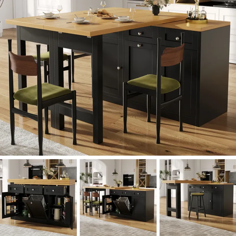 Extendable Bar Table with Storage Drawer and Bin Holder, Black