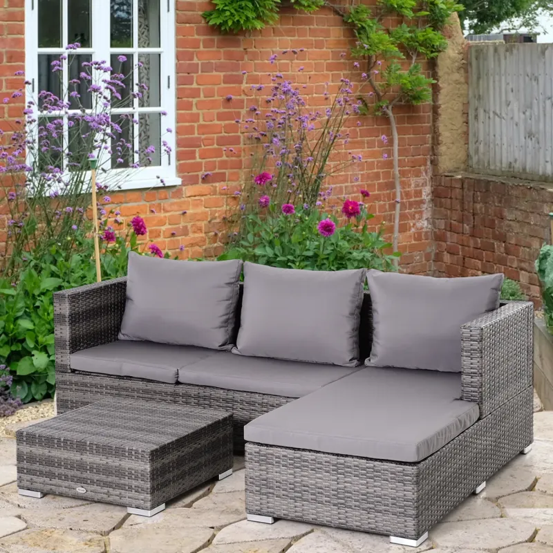  4-Seater Rattan Garden Corner Sofa Set with Reclining Seat and Storage Coffee Table - Grey