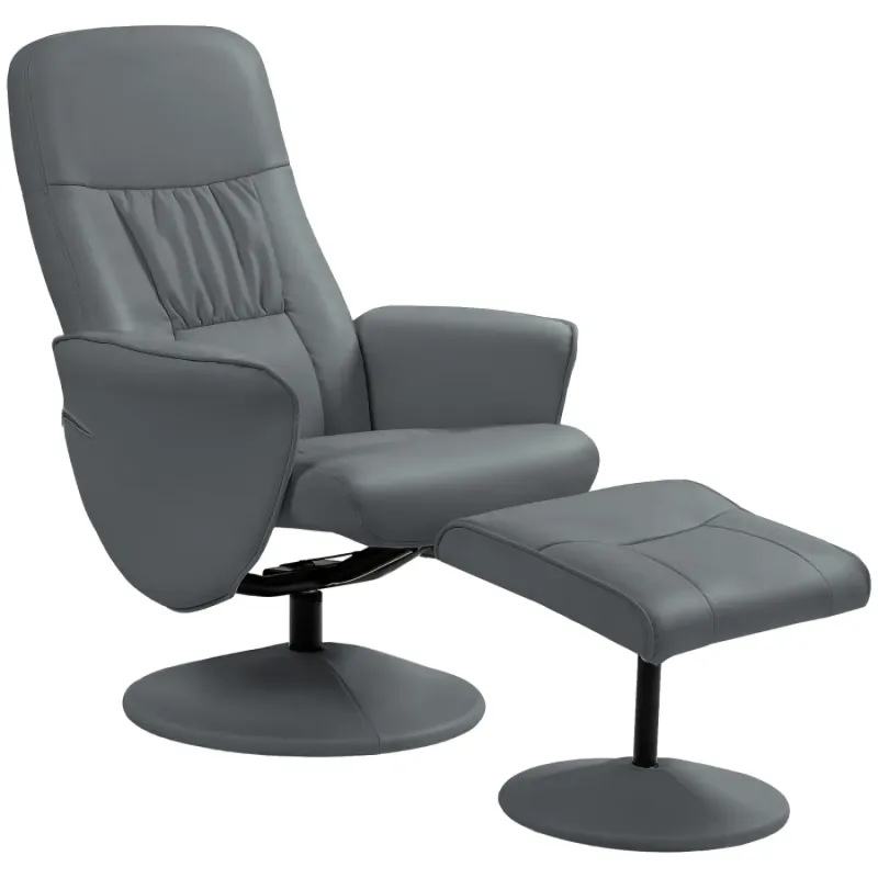 PU Leather Swivel Recliner Chair with Footstool, in Grey, with 145° Recline