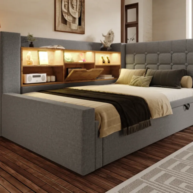 Linen Upholstered Sofa Bed, 3ft Single, in Grey, with Trundle, Storage and USB Charging