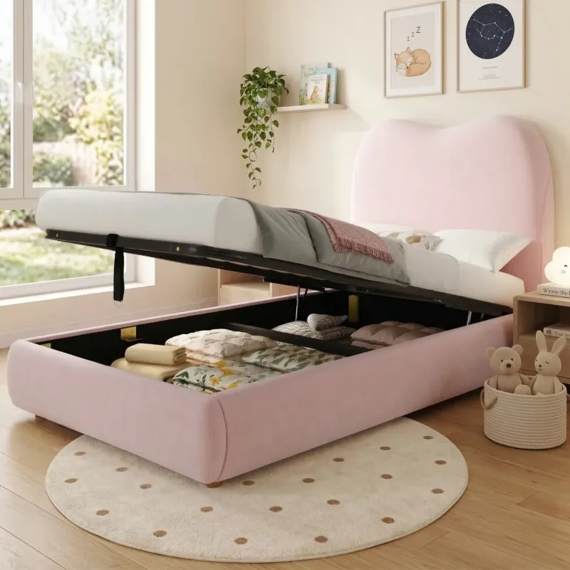 Pink Velvet Upholstered Hydraulic Storage Single Bed