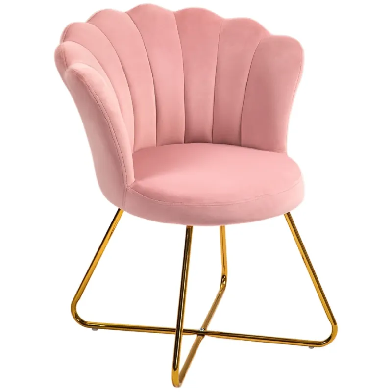 Velvet-Feel Armchair, in Pink, with Scalloped Lotus Petal Design