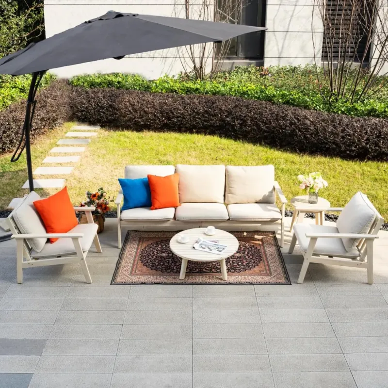 5-Seater Wooden Garden Sofa Set with Round Coffee Table and Side Table