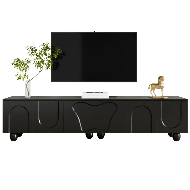 Particle Board TV Unit, 180cm, in Black, with Solid Wood Legs and Curved Doors