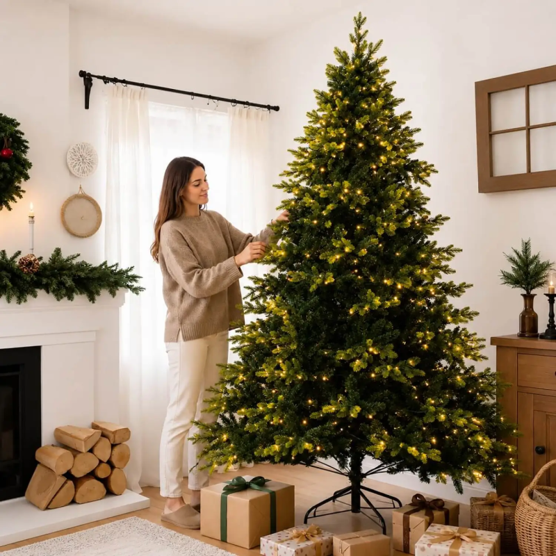 7ft Pre-Lit Realistic Mixed PE & PVC Artificial Christmas Tree, Green