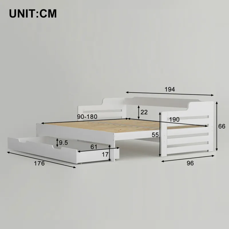 Solid Pine Extendable Single Daybed with Pull-Out Trundle and Storage Drawer - White
