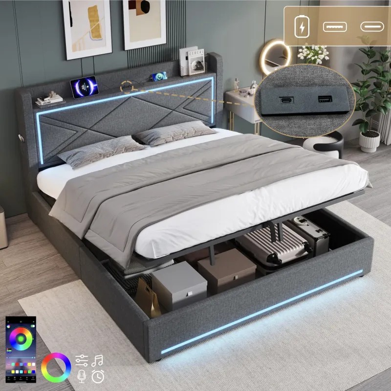 6ft Super King Upholstered Ottoman Bed with LED Lighting and Charging Station - Grey