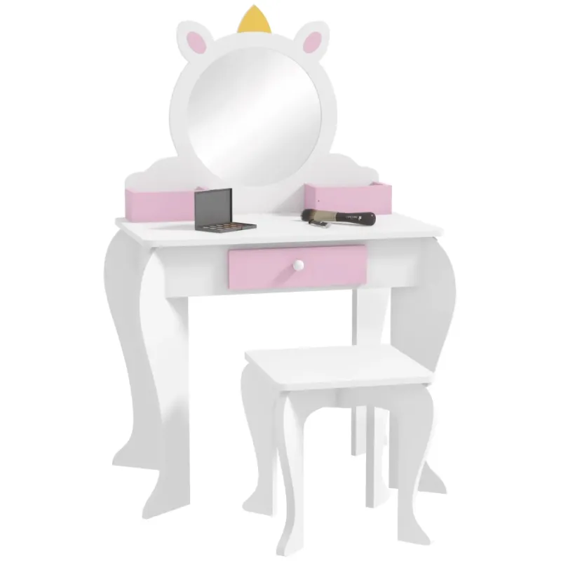 Unicorn Kids Dressing Table with Mirror and Stool - White & Pink