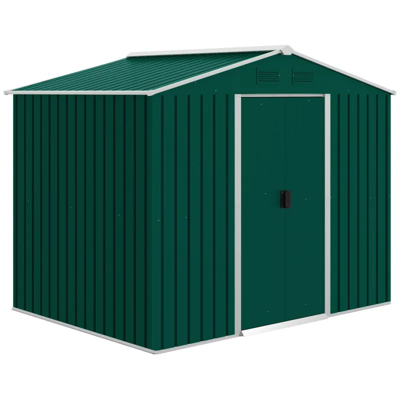  7.7 x 5.7ft Galvanised Metal Garden Shed with Sliding Doors - Green