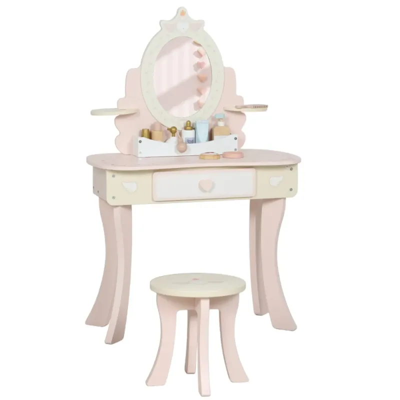 AIYAPLAY 2-in-1 Kids Dressing Table and Stool Set with Mirror, 7 Play Accessories - Pink