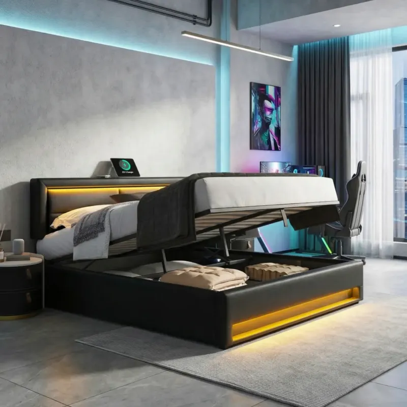 Super King Size 6ft Upholstered Storage Bed with Wireless Charging & LED - Black PU Leather
