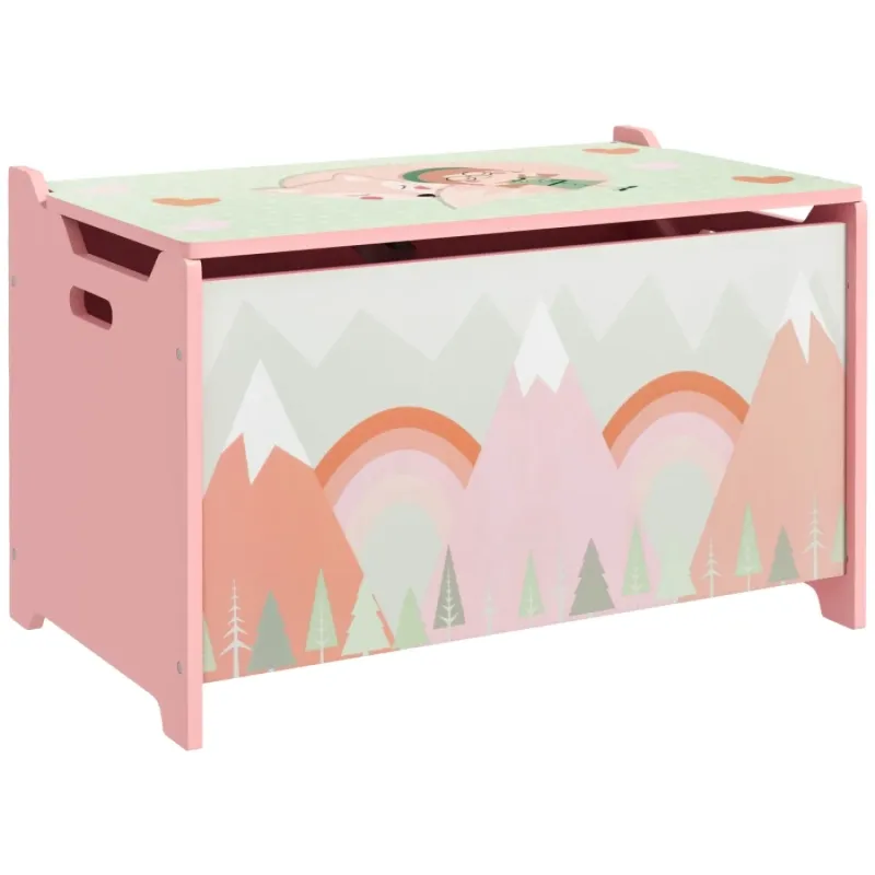 Kids Wooden Toy Box with Safety Hinge - Pink Rainbow