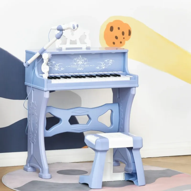 37-Key Kids' Electronic Grand Piano Toy Set with Microphone, Stool and Light-up Keys - Blue