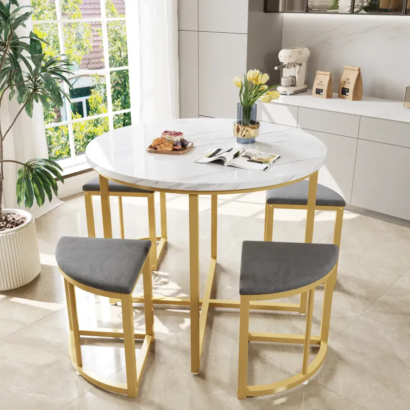 5-Piece Marble Effect Round Dining Table and Space-Saving Stool Set - Gold Frame