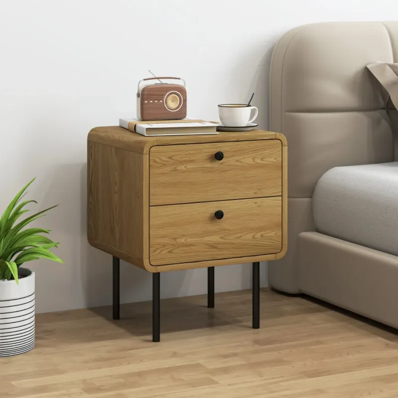  2-Drawer Bedside Table with Steel Legs - Oak Effect