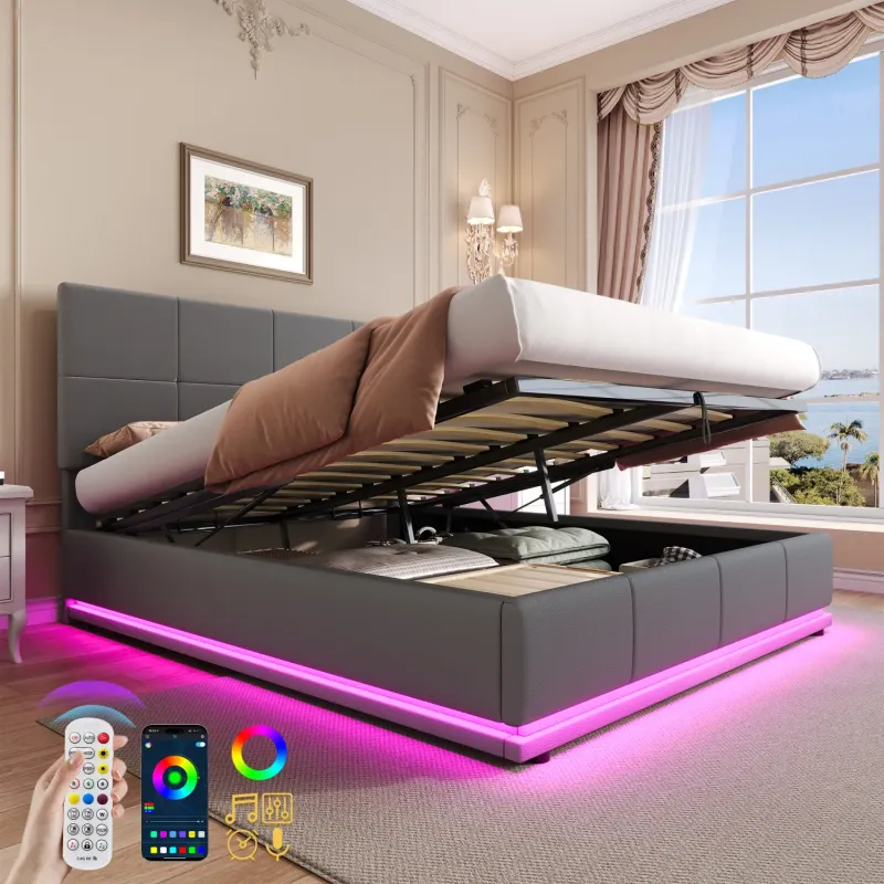 Upholstered Double Ottoman Bed with LED Lighting and Adjustable Headboard - Grey PU Leather