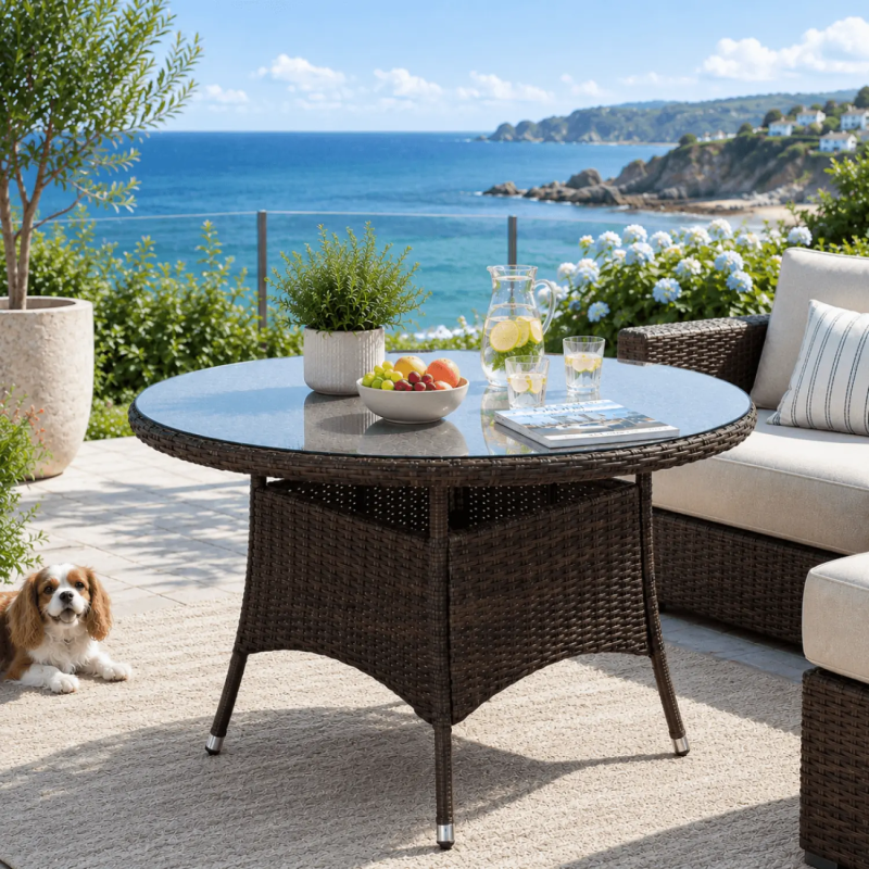 120cm Round 4-Seater Rattan Garden Dining Table with Aluminium Frame – Brown