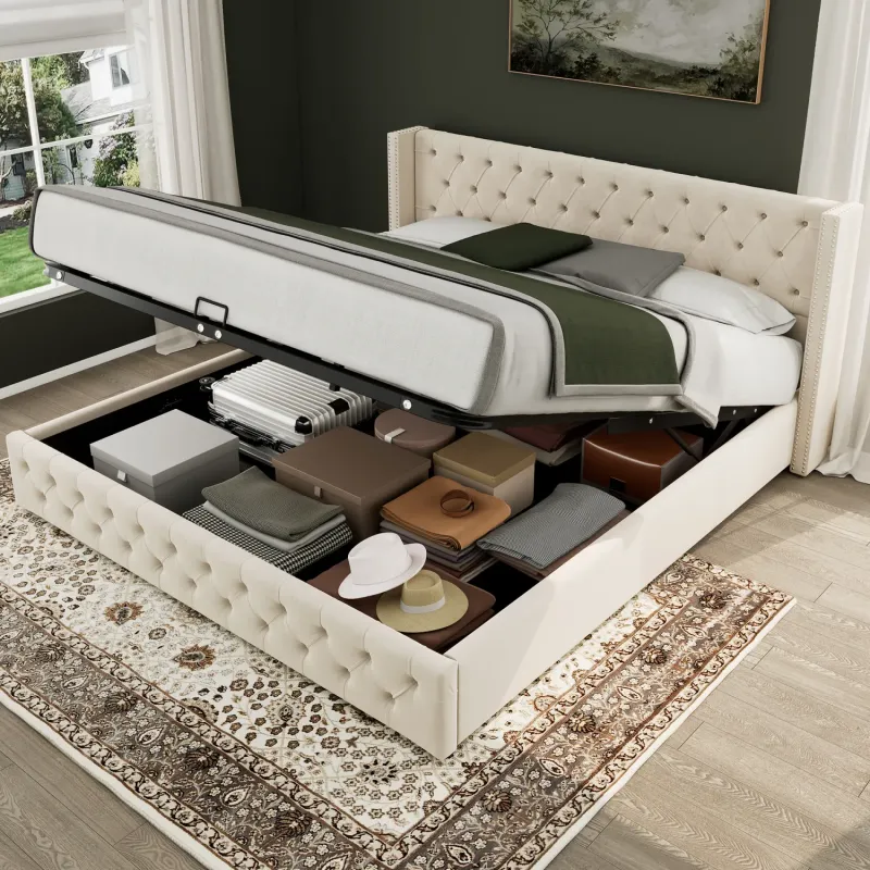 150 x 200 cm Beige Velvet Upholstered Ottoman Storage Bed