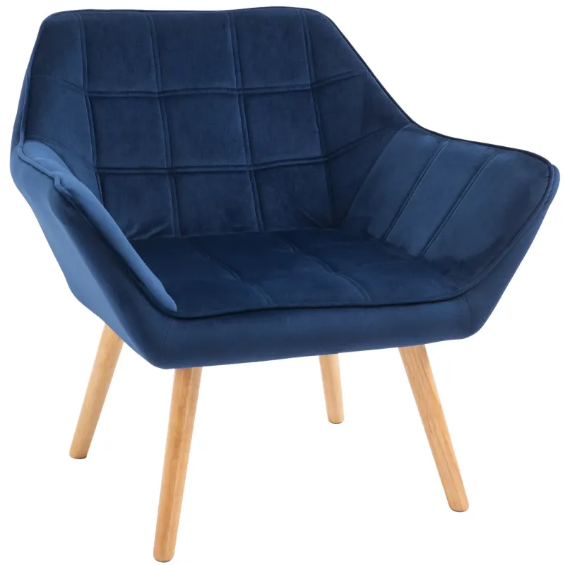 Velvet-Feel Accent Armchair, in Blue, with Wide Arms and Slanted Back