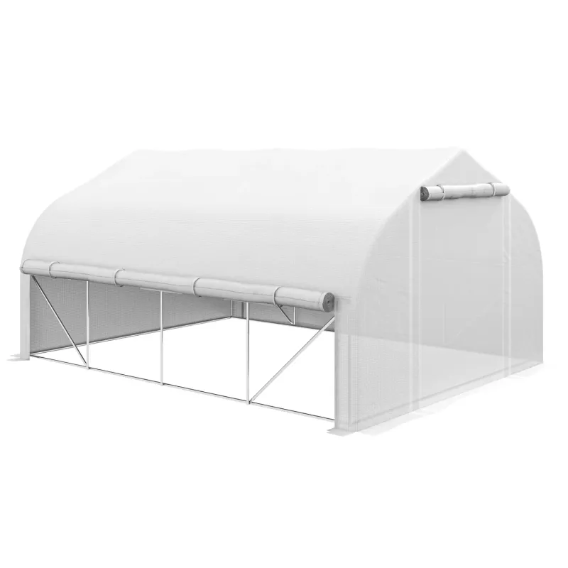 4 x 3m Walk-in Polytunnel Greenhouse with Roll-Up Sidewalls and Mesh Windows - White