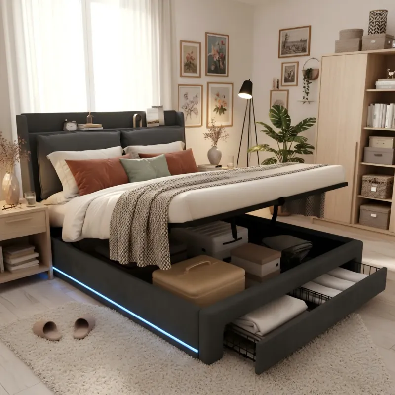 King Size Velvet Upholstered Hydraulic Storage Bed with Drawers & LED Lighting, Dark Grey