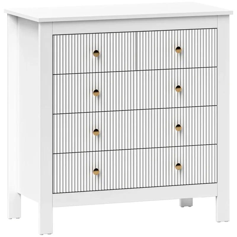Five Drawer Chest with Ridged Fronts and Gold Handles - White