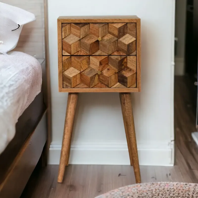 Solid Mango Wood 2-Drawer Mini Cube Bedside Table with Nordic Legs