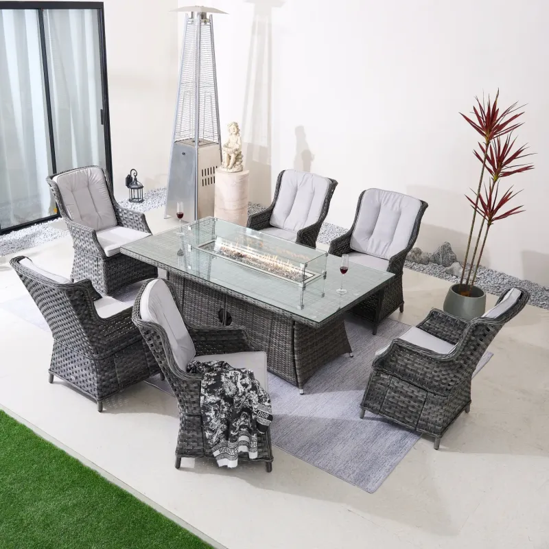 6-Seater Outdoor Rattan Fire Pit Dining Set with Rectangular Table and High-Back Chairs
