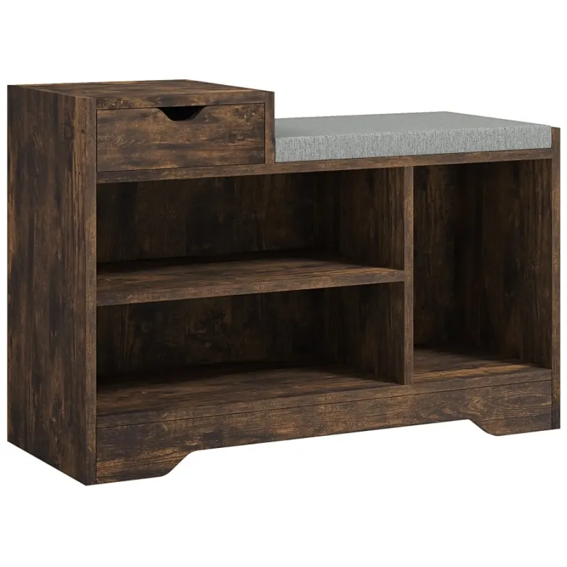 Rustic Brown Shoe Storage Bench with Padded Seat and Drawer