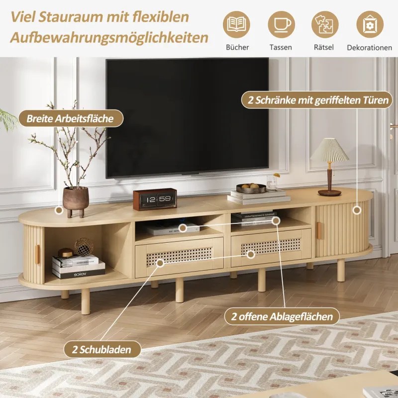 Oak and Rattan TV Unit, 170cm, in Oak, with Sliding Doors and Drawers
