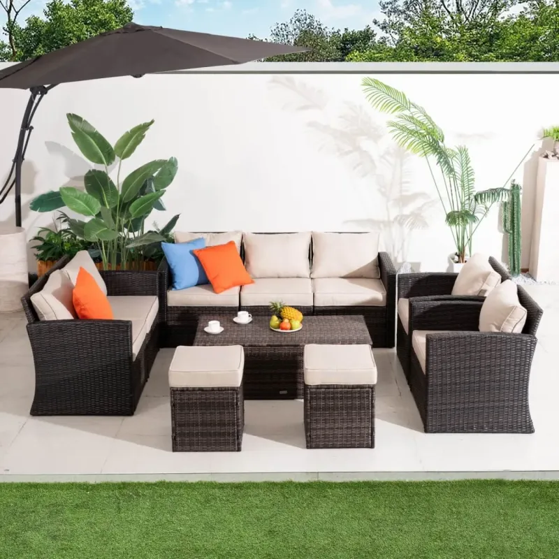 9 Seater Rattan Garden Sofa Set with Waterproof Storage Coffee Table and Footstools