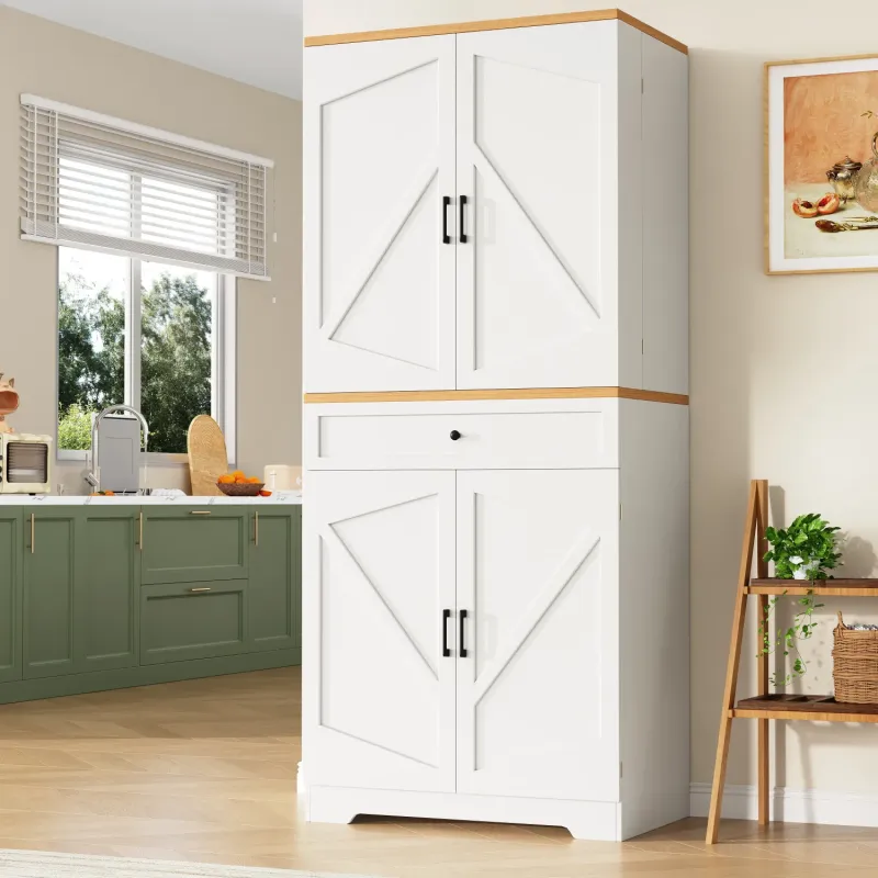 180cm Kitchen Larder Cupboard with Door Racks and Drawer - White & Wood Grain