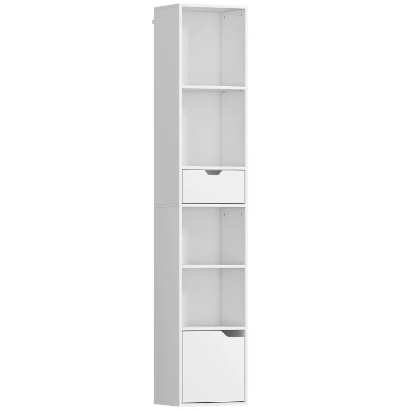  6-Tier Slim Bookcase, Tall Narrow Shelving Unit with Drawer and Cupboard - White