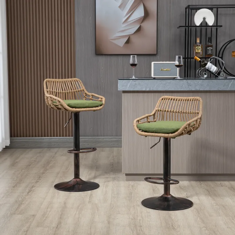 Set of 2 Rattan Swivel Bar Stools - Height Adjustable Kitchen Island Chairs with Linen Cushions