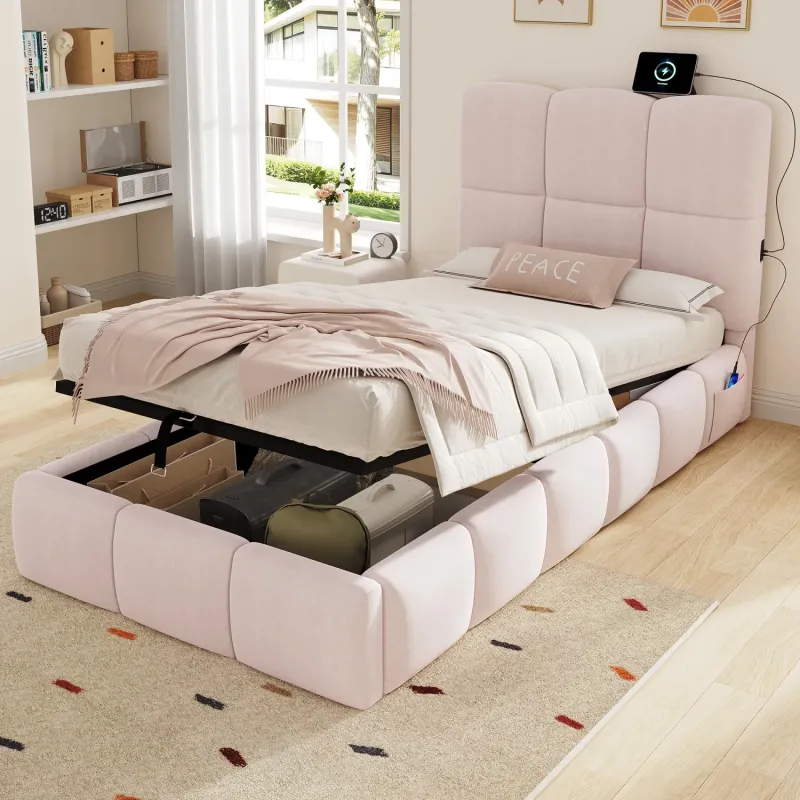 3ft Single Pink Velvet Ottoman Storage Bed with USB Charging Ports